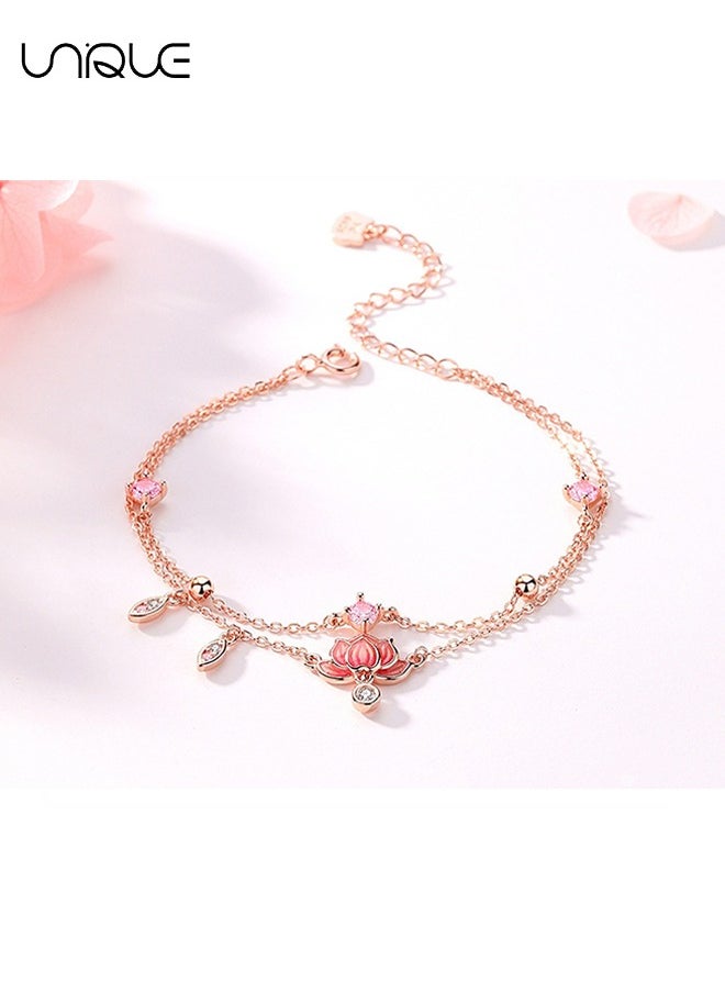 Unique - Anklets - Lotus Pendant Anklets - Double Chain Anklets - Pink Diamond Anklets - Simple and Elegant - New Anklets - Women - Image 1