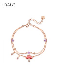 Anklets - Lotus Pendant Anklets - Double Chain Anklets - Pink Diamond Anklets - Simple and Elegant - New Anklets - Women