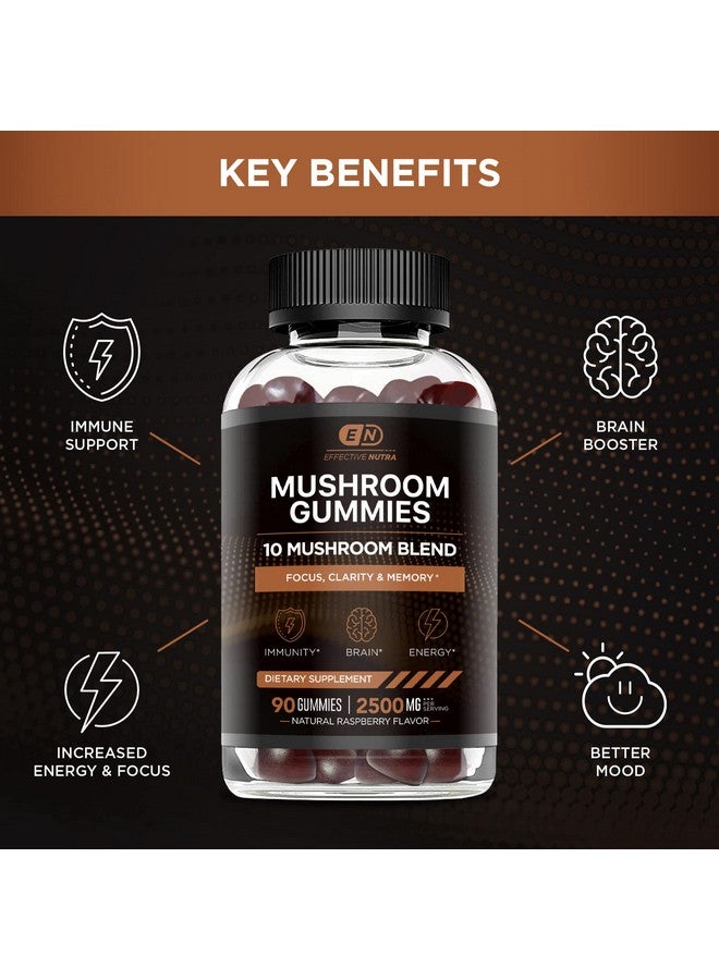 Effective Nutra EFFECTIVE NUTRA Mushroom Gummies 2500mg | 10 Blend w/Lions Mane, Reishi, Chaga, Cordyceps & More | Focus, Memory, Immunity, Energy | Natural Berry Flavor Supplement | Vegan, Made in USA (90ct) - Image 4