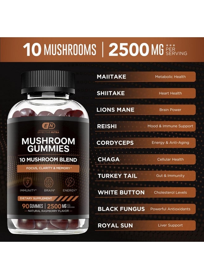 Effective Nutra EFFECTIVE NUTRA Mushroom Gummies 2500mg | 10 Blend w/Lions Mane, Reishi, Chaga, Cordyceps & More | Focus, Memory, Immunity, Energy | Natural Berry Flavor Supplement | Vegan, Made in USA (90ct) - Image 3
