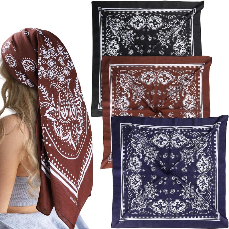Mochabao 100% Cotton 35" x 35" Large Head Scarf for Womenâ€˜s Hair, 3 Pcs Versatile Square Hair Scarves Huge Bandanas, Shawl Wraps for Women - Image 1
