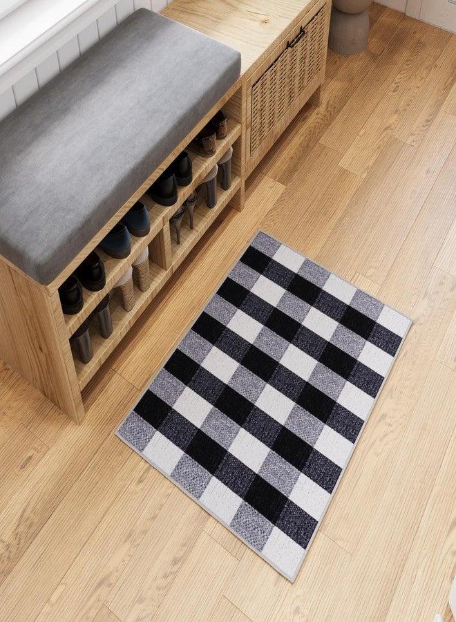 Ottomanson Rugs for Entryway 2'3" x 3' Non Slip Buffalo Plaid Small Area Rugs Durable Front Door Mat Rug Stain Resistant Entrance Rugs for Bathroom Kitchen Bedroom & Living Room, Black/White - Image 1