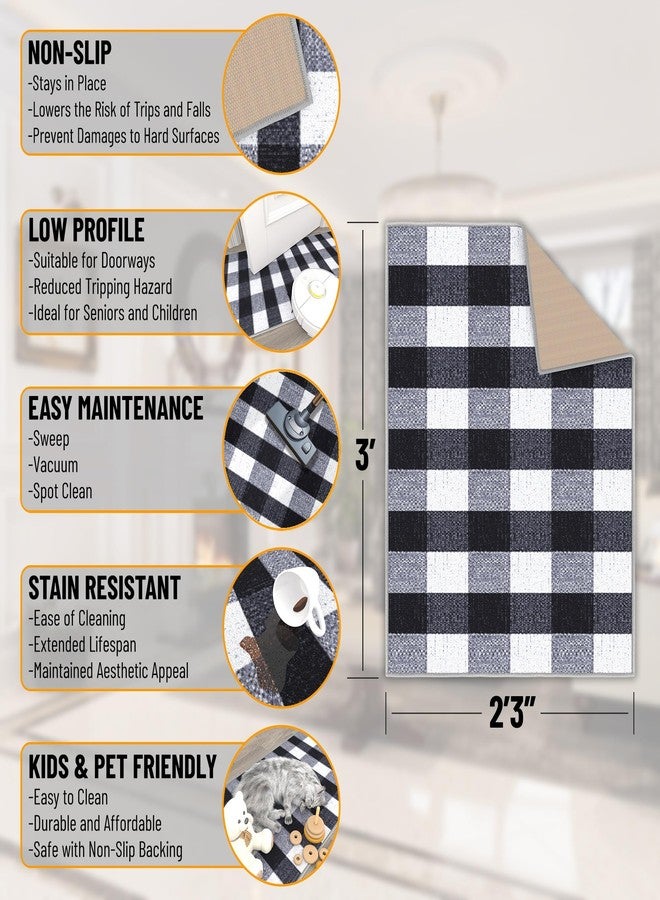 Ottomanson Rugs for Entryway 2'3" x 3' Non Slip Buffalo Plaid Small Area Rugs Durable Front Door Mat Rug Stain Resistant Entrance Rugs for Bathroom Kitchen Bedroom & Living Room, Black/White - Image 2