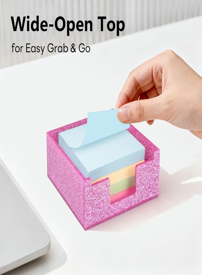 Luminzo Rose Pink Sparkling Sticky Note Holder, Glitter Acrylic Organizer, 3.94 x 3.94 in Multi-Use Tray for Office, School & Home Desk - Image 5