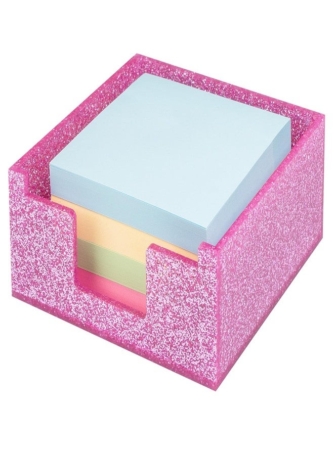 Luminzo Rose Pink Sparkling Sticky Note Holder, Glitter Acrylic Organizer, 3.94 x 3.94 in Multi-Use Tray for Office, School & Home Desk - Image 1