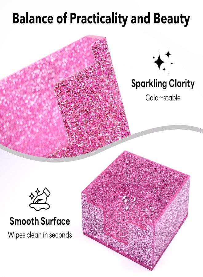 Luminzo Rose Pink Sparkling Sticky Note Holder, Glitter Acrylic Organizer, 3.94 x 3.94 in Multi-Use Tray for Office, School & Home Desk - Image 4