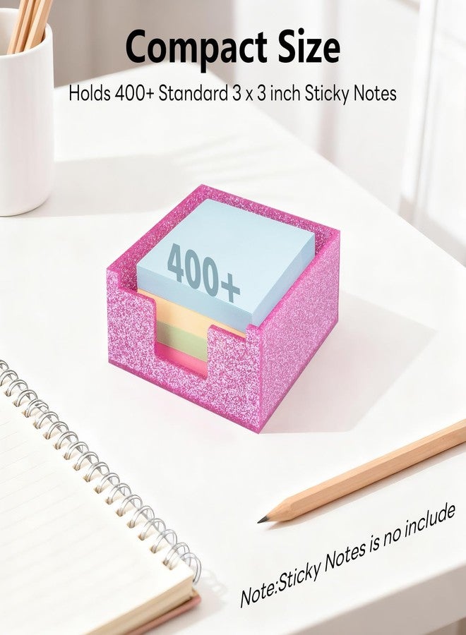 Luminzo Rose Pink Sparkling Sticky Note Holder, Glitter Acrylic Organizer, 3.94 x 3.94 in Multi-Use Tray for Office, School & Home Desk - Image 3