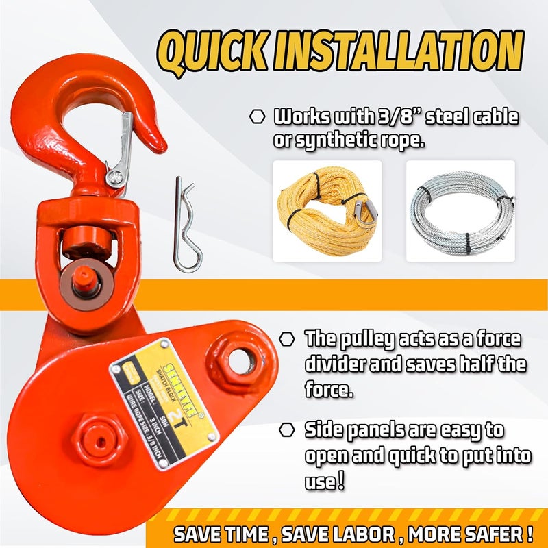SENKEYFE 2 Ton Block with Hook, 3" Sheave for 3/8" Inch Wire Rope - Image 4