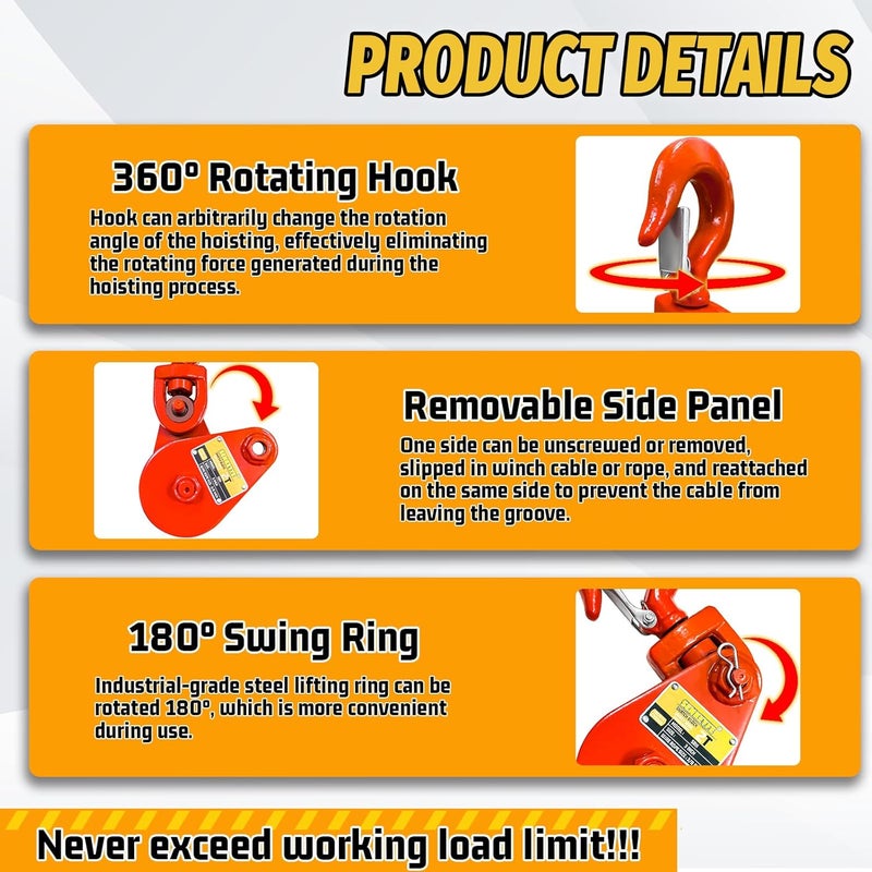 SENKEYFE 2 Ton Block with Hook, 3" Sheave for 3/8" Inch Wire Rope - Image 2