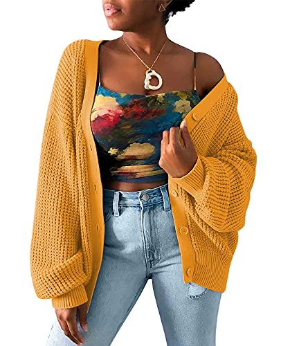 QUALFORT Women's Mustard Cardigan Sweaters for Women 100% Cotton Button-Down Long Sleeve Oversized Knit Outerwear Mustard Large - Image 3