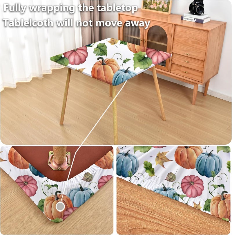 Amonsa Holiday Tablecloth for Thanksgiving Fitted Card Table Cover with Elastic：No Sliding Stretchy Spandex Square Table Cloths Blue Pumpins 48 x 48 Inch - Image 2