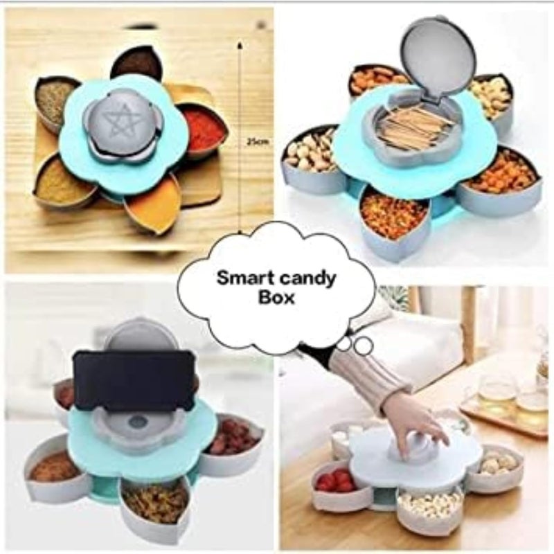 MANIH 5 Compartments Flower Small Size Serving Rotating Tray For Dry Fruit Candy Chocolate Snacks Storage Box With Mobile Phone Stand - Image 5