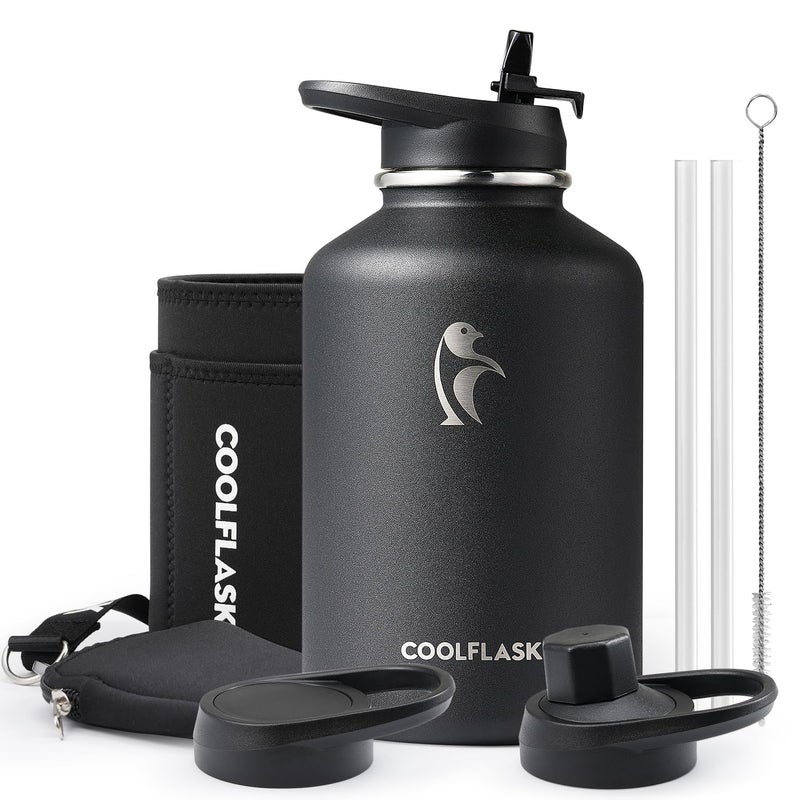 Coolflask 64 oz Insulated Water Bottle with Strap & Sleeve, Half Gallon Water Jug 3 Lids Stainless Steel Multifunctional Flask BPA-Free, Keep 48H Cold 24H Hot, Compact Yoga/Gym Bottle, Black - Image 1