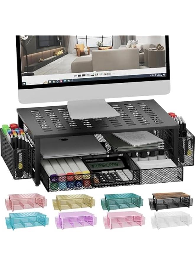 Arabest Desk Computer Monitor Stand Riser with Drawer and 2 Pen Holder, Desk Organizer, Monitor Stand for Desk, Storage for Classroom Office Supplies Decor (Black)  - Image 1