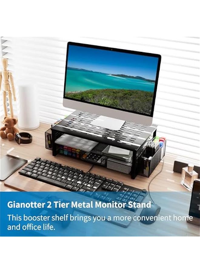 Arabest Desk Computer Monitor Stand Riser with Drawer and 2 Pen Holder, Desk Organizer, Monitor Stand for Desk, Storage for Classroom Office Supplies Decor (Black)  - Image 3