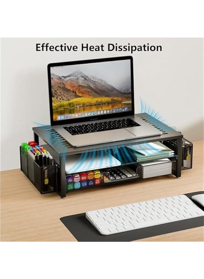 Arabest Desk Computer Monitor Stand Riser with Drawer and 2 Pen Holder, Desk Organizer, Monitor Stand for Desk, Storage for Classroom Office Supplies Decor (Black)  - Image 5