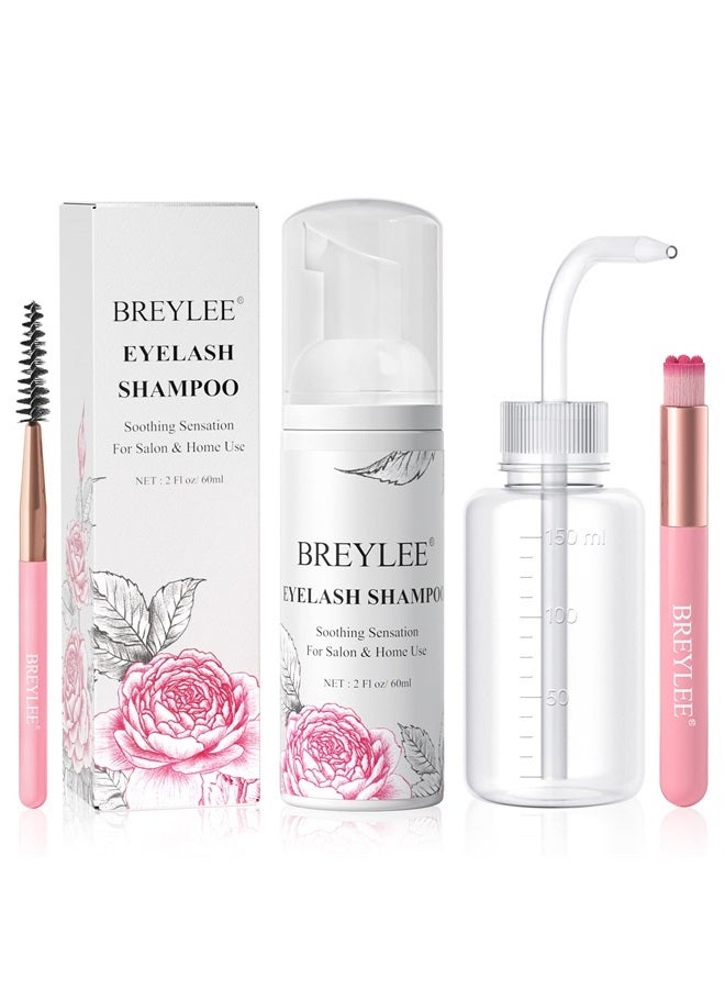Breylee شامبو الرموش لتمديد الرموش، 60 مل + زجاجة شطف + فرشاة، منظف تمديد الرموش، منظف الرموش، غسيل الرموش، حمام الرموش، منظف الرموش، خالي من البارابين والكبريتات للاستخدام في الصالون والمنزل - Image 1