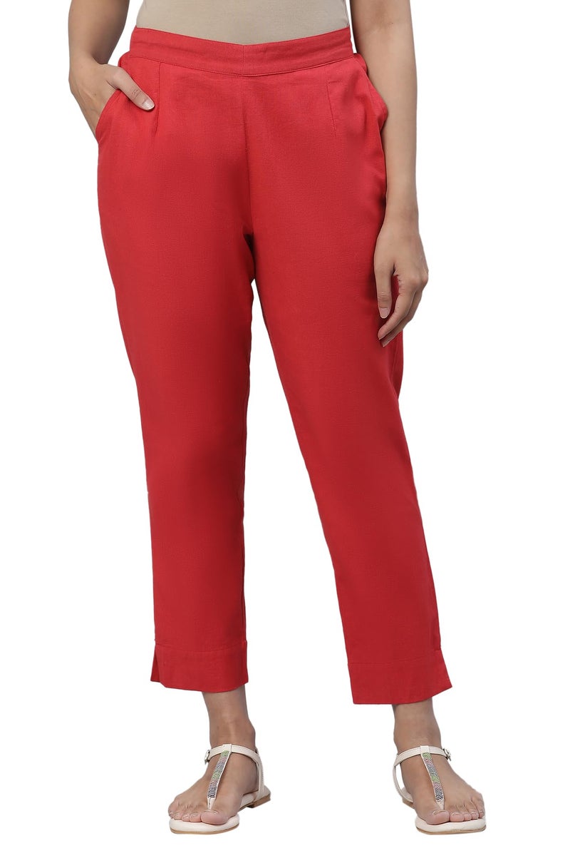 Aurelia Women's Red Cotton-Blend Solid Regular Trousers - Image 1