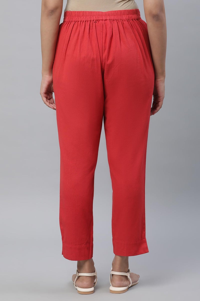 Aurelia Women's Red Cotton-Blend Solid Regular Trousers - Image 4