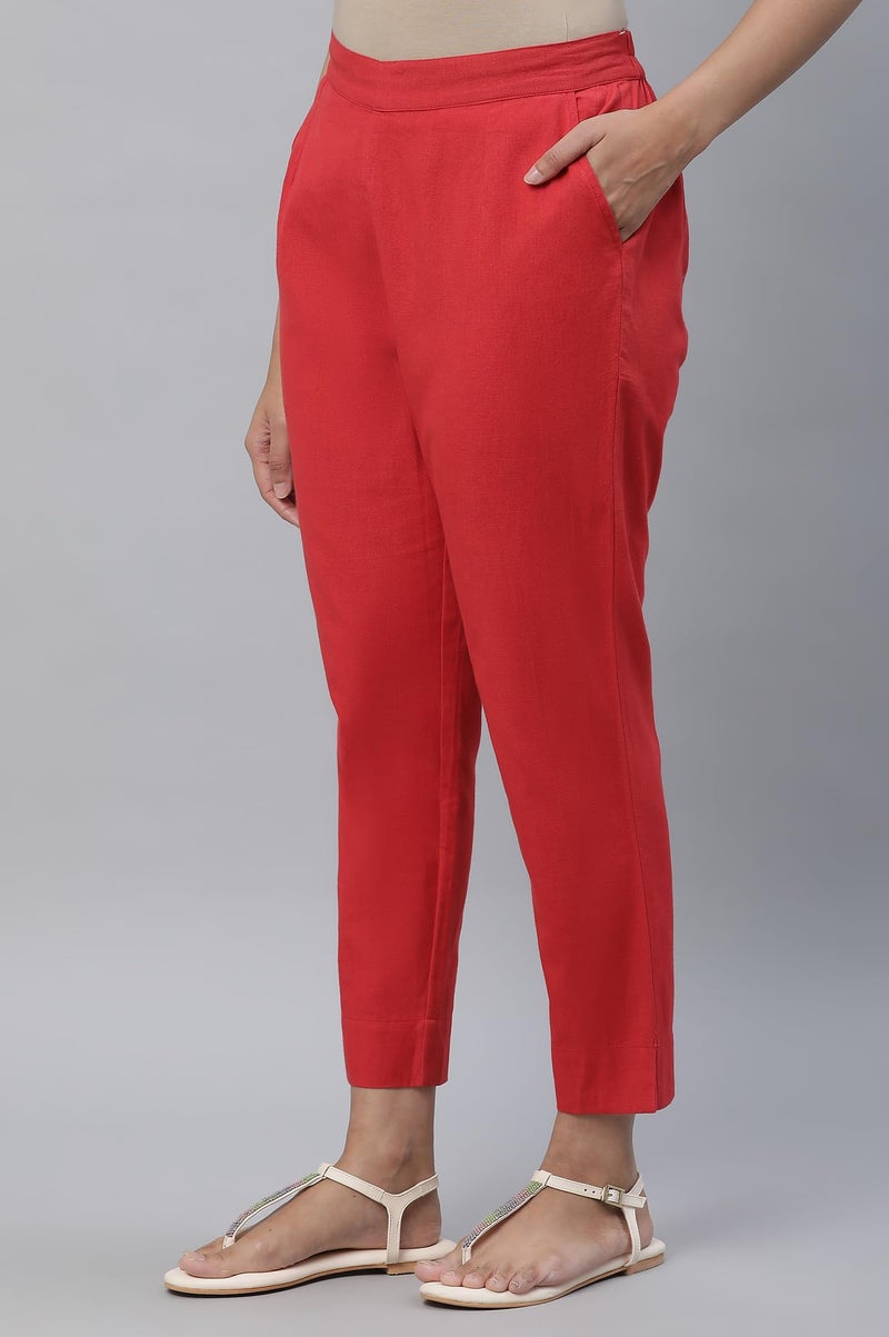 Aurelia Women's Red Cotton-Blend Solid Regular Trousers - Image 2