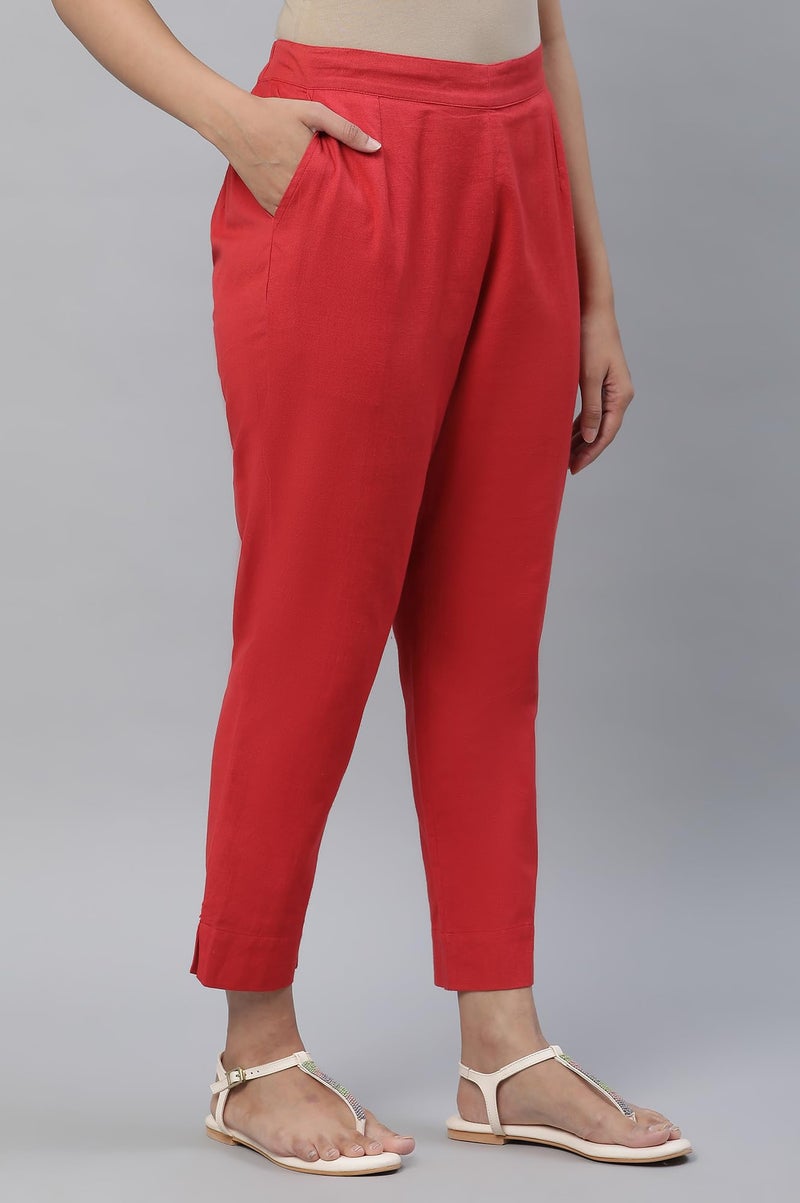 Aurelia Women's Red Cotton-Blend Solid Regular Trousers - Image 3