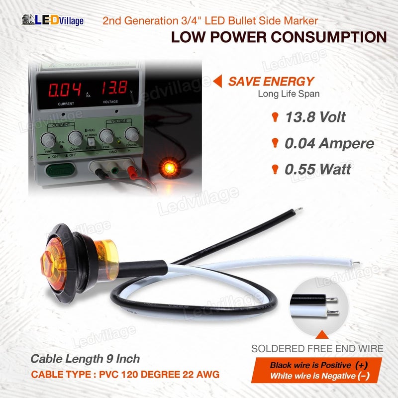 Ledvillage أضواء ماركر LED كليئرنس بوليت من ليدفيلدج 50 قطعة الجيل الثاني 3/4 بوصة لون كهرماني - Image 4
