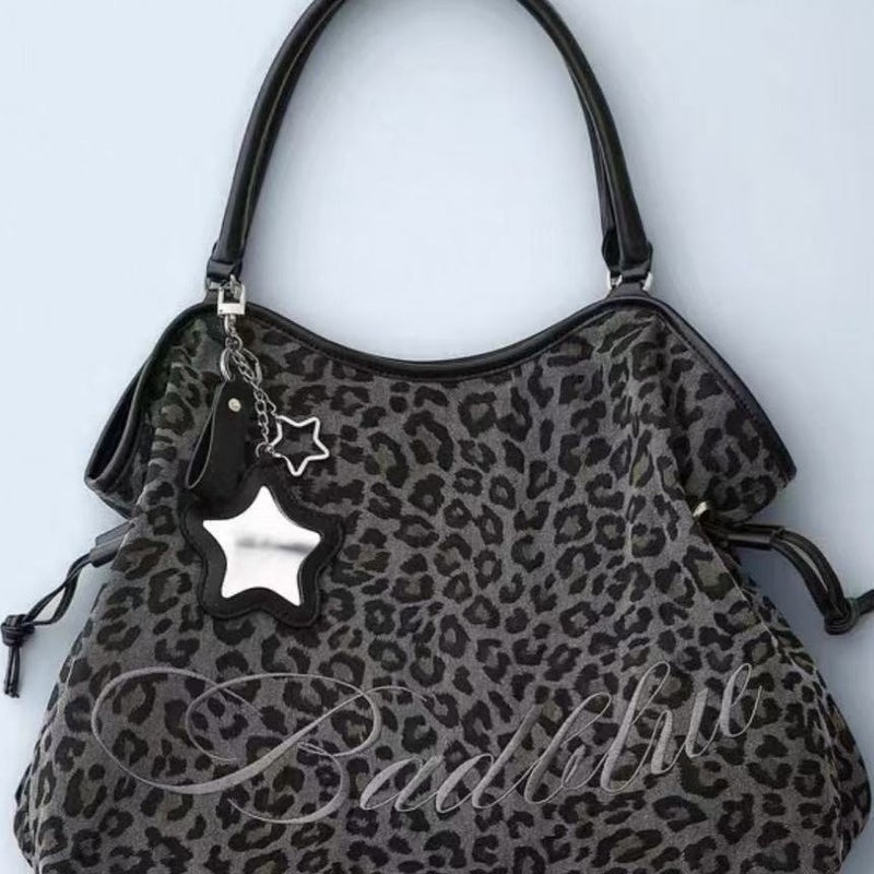 Women's Faux Leather Embroidered Leopard Star Polka Dot Large Capacity Shoulder Tote Bag with Mirror Pendant - Image 4