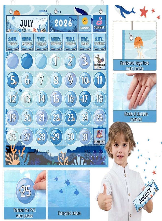 Sinload Classroom Calendar Pocket Chart Set Calendar Bulletin Board Set Seasons Festival Weather Pocket Chart for Classroom Decoration Back to School Supplies (Under the Sea,Blue) - Image 4