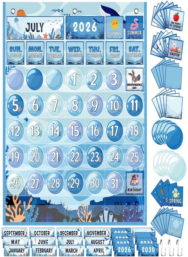 Sinload Classroom Calendar Pocket Chart Set Calendar Bulletin Board Set Seasons Festival Weather Pocket Chart for Classroom Decoration Back to School Supplies (Under the Sea,Blue) - Image 1