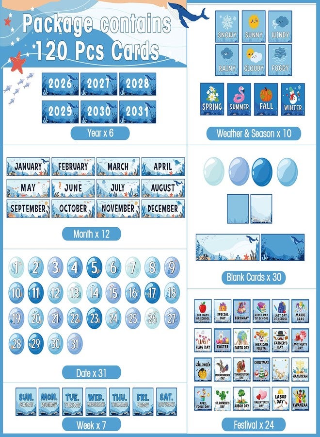 Sinload Classroom Calendar Pocket Chart Set Calendar Bulletin Board Set Seasons Festival Weather Pocket Chart for Classroom Decoration Back to School Supplies (Under the Sea,Blue) - Image 2