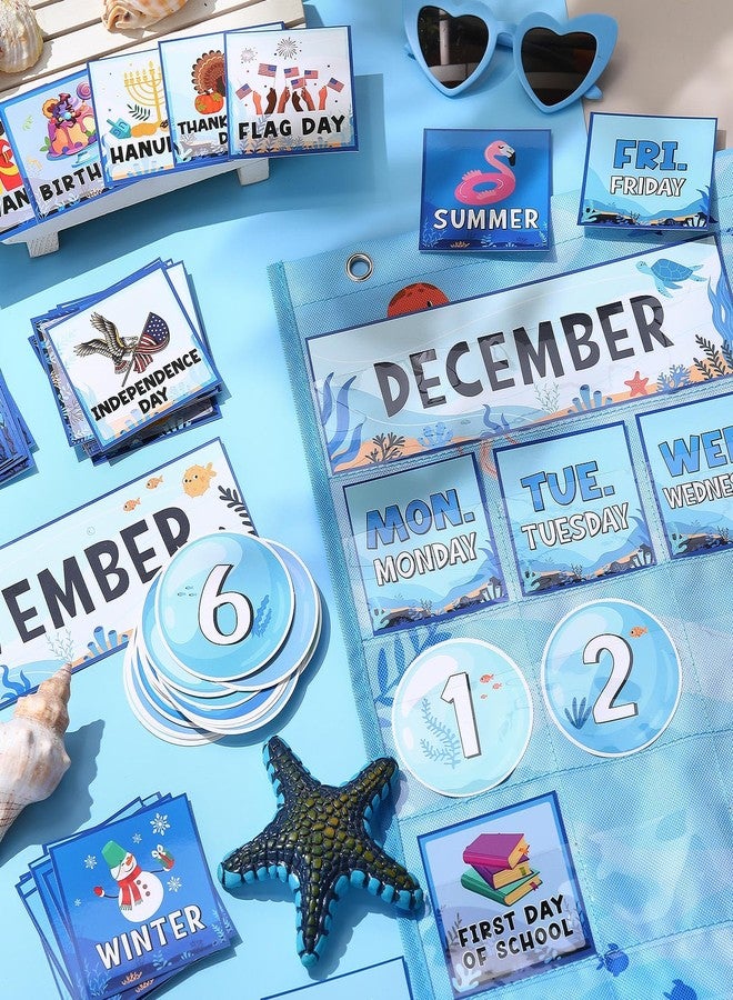 Sinload Classroom Calendar Pocket Chart Set Calendar Bulletin Board Set Seasons Festival Weather Pocket Chart for Classroom Decoration Back to School Supplies (Under the Sea,Blue) - Image 5