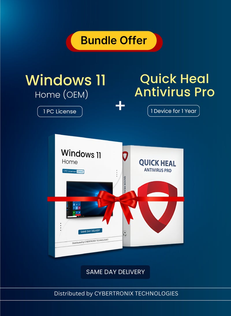 Windows Microsoft Windows 11 Home (1 PC OEM License ) | Quick Heal Antivirus Pro (1 Device, 1 Year) | Digital License | Same Day Delivery | Bundle Pack