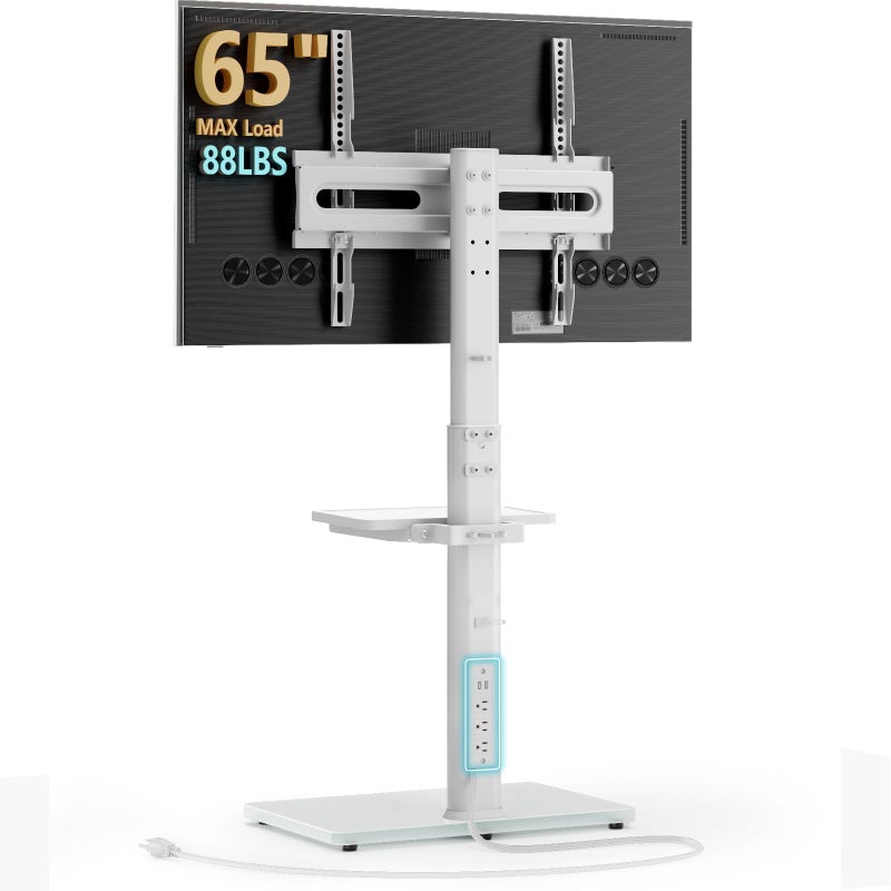 AX WABER Floor TV Stand with Power Outlet& Shelf, Universal TV Stand Mount for 27-65 inch TV up to 88lbs, 70 Degree Swivel 9 Level Height Adjustable with Tempered Glass Base for Bedroom, Office White - Image 1