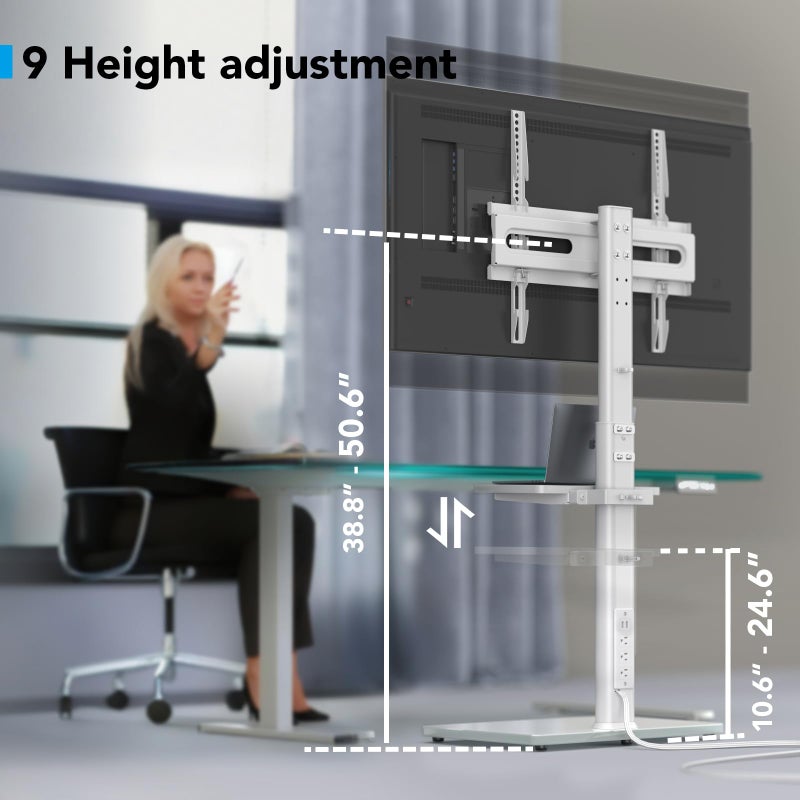 AX WABER Floor TV Stand with Power Outlet& Shelf, Universal TV Stand Mount for 27-65 inch TV up to 88lbs, 70 Degree Swivel 9 Level Height Adjustable with Tempered Glass Base for Bedroom, Office White - Image 3
