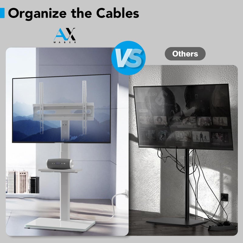 AX WABER Floor TV Stand with Power Outlet& Shelf, Universal TV Stand Mount for 27-65 inch TV up to 88lbs, 70 Degree Swivel 9 Level Height Adjustable with Tempered Glass Base for Bedroom, Office White - Image 5