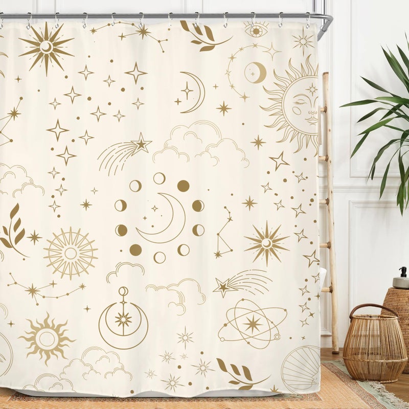 MIYOTAA MOON PERST SELESTIAL SARTAIN SET 60WX71H Inves Mysterious Constellation Amstollation Beige Tarot Witchy Polyester Bathrate Stain مع 12 Hooks - Image 1