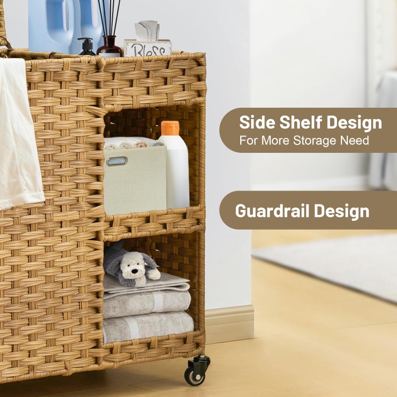 Hiagnete Laundry Hamper with Wheels, 42.3 Gal.(160 L) Laundry Sorter with Shelves, Rattan Clothes Hamper with 4 Removable Liners & 3 Mesh Bags, Handwoven Organizer for bedroom, bathroom, laundry room, Natural - Image 4