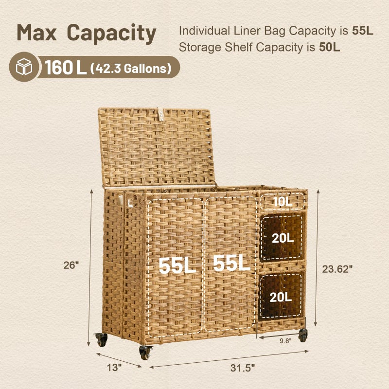 Hiagnete Laundry Hamper with Wheels, 42.3 Gal.(160 L) Laundry Sorter with Shelves, Rattan Clothes Hamper with 4 Removable Liners & 3 Mesh Bags, Handwoven Organizer for bedroom, bathroom, laundry room, Natural - Image 3