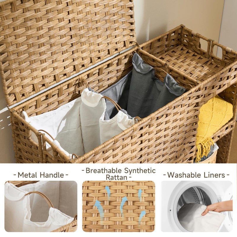 Hiagnete Laundry Hamper with Wheels, 42.3 Gal.(160 L) Laundry Sorter with Shelves, Rattan Clothes Hamper with 4 Removable Liners & 3 Mesh Bags, Handwoven Organizer for bedroom, bathroom, laundry room, Natural - Image 5