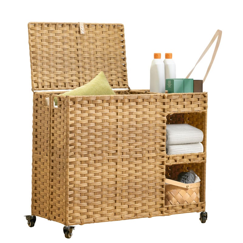 Hiagnete Laundry Hamper with Wheels, 42.3 Gal.(160 L) Laundry Sorter with Shelves, Rattan Clothes Hamper with 4 Removable Liners & 3 Mesh Bags, Handwoven Organizer for bedroom, bathroom, laundry room, Natural - Image 1