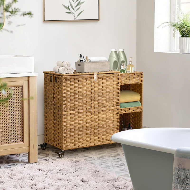 Hiagnete Laundry Hamper with Wheels, 42.3 Gal.(160 L) Laundry Sorter with Shelves, Rattan Clothes Hamper with 4 Removable Liners & 3 Mesh Bags, Handwoven Organizer for bedroom, bathroom, laundry room, Natural - Image 2