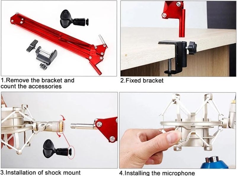 Brain Freezer Microphone Stand with Suspension Boom Scissor Arm – Adjustable Universal Clamp with Mic Holder (Red) - Image 3