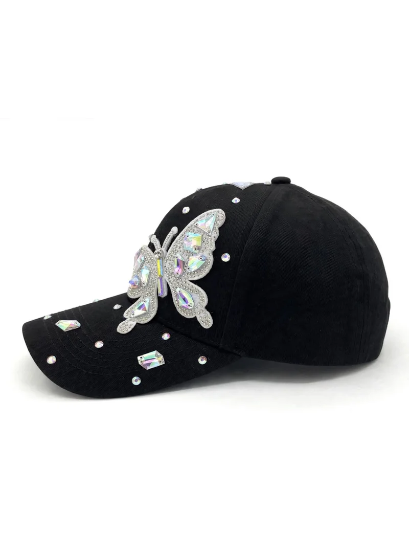 Mobcos Women's Luxury Embellished Baseball Cap, Elegant Adjustable Fashion Hat for Casual Wear & Travel | Onyx Crystal Wings