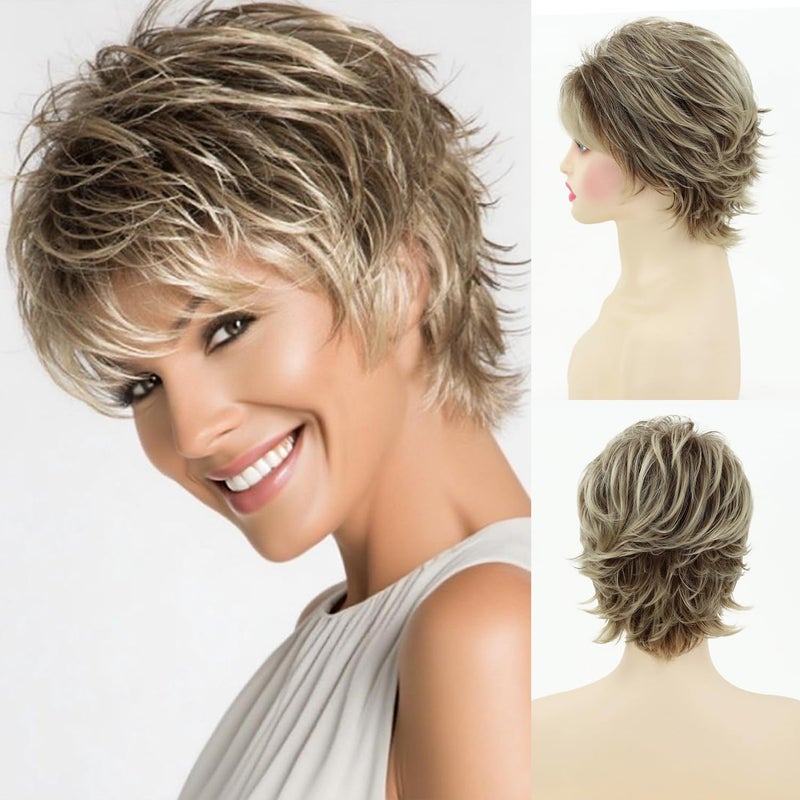 SEVENCOLORS Short Blonde Wigs for White Women Synthetic Hair Mixed Brown Wigs with Bangs Natural Layered Pixie Cut Wig for Women - Image 1