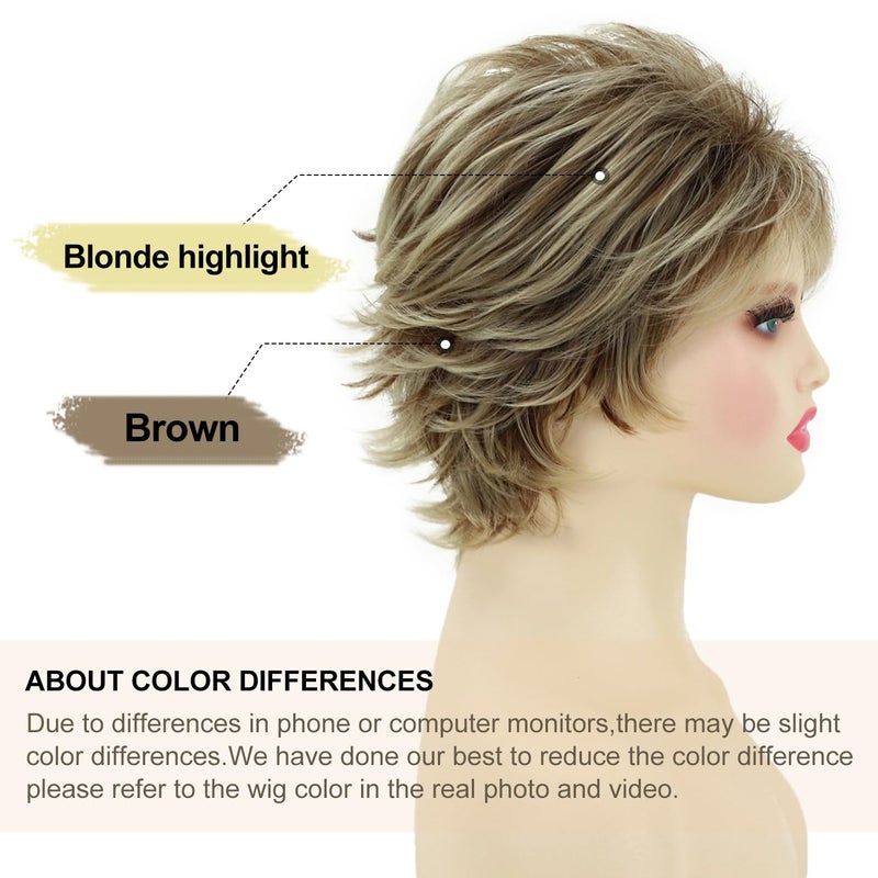 SEVENCOLORS Short Blonde Wigs for White Women Synthetic Hair Mixed Brown Wigs with Bangs Natural Layered Pixie Cut Wig for Women - Image 2