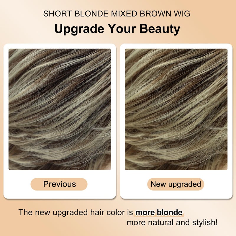 SEVENCOLORS Short Blonde Wigs for White Women Synthetic Hair Mixed Brown Wigs with Bangs Natural Layered Pixie Cut Wig for Women - Image 4
