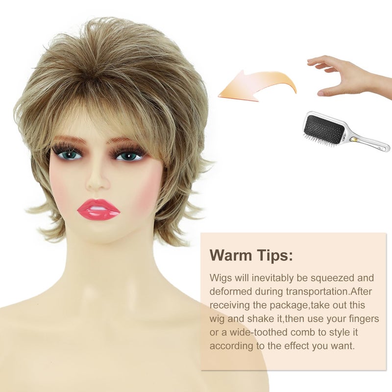 SEVENCOLORS Short Blonde Wigs for White Women Synthetic Hair Mixed Brown Wigs with Bangs Natural Layered Pixie Cut Wig for Women - Image 3