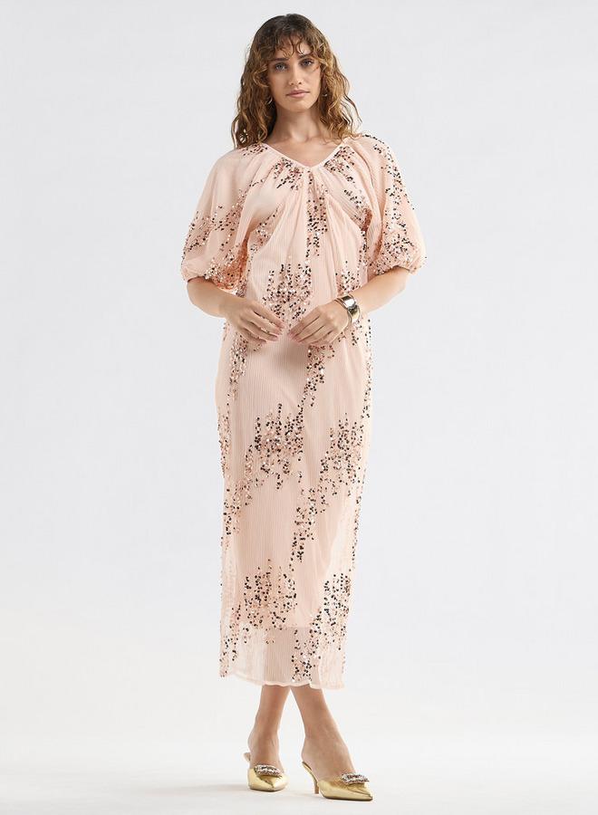 سبلاش فيڤ فستان ميدي ترتر بأكمام قصيرة منفوشة وفتحة رقبة على شكل - Image 1