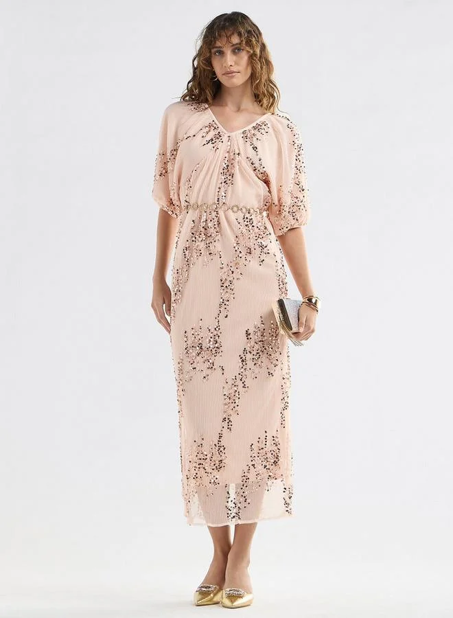 سبلاش فيڤ فستان ميدي ترتر بأكمام قصيرة منفوشة وفتحة رقبة على شكل