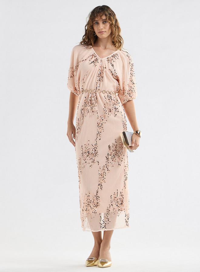 سبلاش فيڤ فستان ميدي ترتر بأكمام قصيرة منفوشة وفتحة رقبة على شكل - Image 2